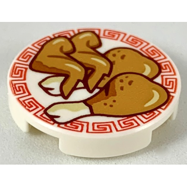 white tile round 2 x 2 with bottom stud holder with medium nougat chicken wings and legs on plate with red border pattern