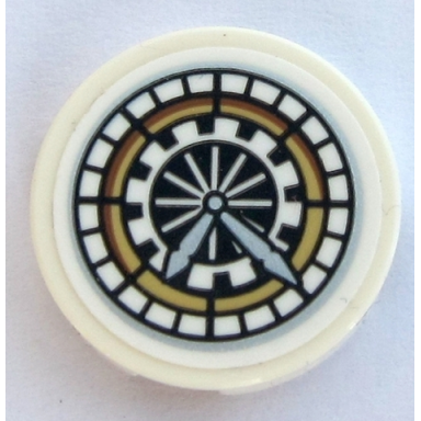 white tile round 2 x 2 with bottom stud holder with hp hogwarts great hall clock face pattern sticker - set 75954