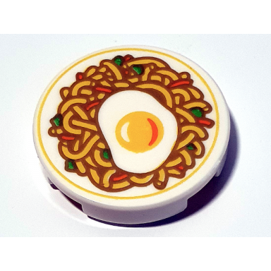 white tile round 2 x 2 with bottom stud holder with fried egg ramen noodles and vegetables pattern