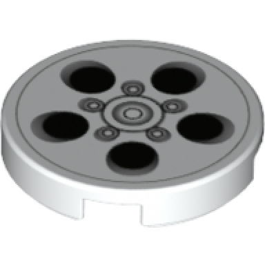 white tile round 2 x 2 with bottom stud holder with alloy wheel with black and silver circles pattern