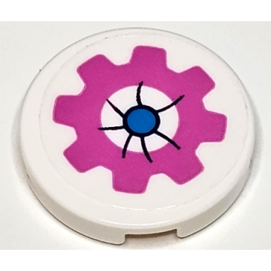 white tile round 2 x 2 with bottom stud holder with cushion with dark pink gear dark azure button and black creases pattern sticker - set 41402