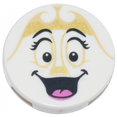 white tile round 2 x 2 with bottom stud holder with tan and gold scrolls eyes and nose black eyebrows and eyelashes open mouth smile with dark pink tongue pattern wardrobe face