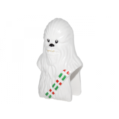 white minifigure head modified sw wookiee chewbacca with black eyes and nose and holiday red and green ammo strap pattern
