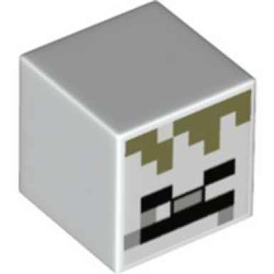 white minifigure head modified cube with pixelated black eyes light bluish gray nose black mouth and olive green hair pattern minecraft skeleton