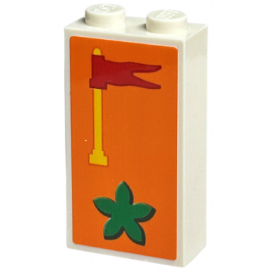 white brick 1 x 2 x 3 with green duplo flower red flag and yellow antenna on orange background pattern sticker - set 40574