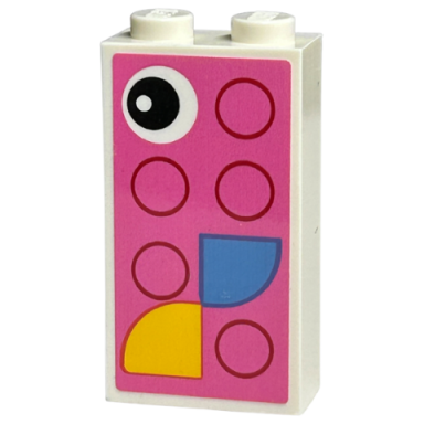 white brick 1 x 2 x 3 with black eye yellow and medium blue quarter tiles and magenta circles on dark pink background pattern sticker - set 40574