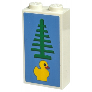 white brick 1 x 2 x 3 with green tree and yellow duckling on medium blue background pattern sticker - set 40574