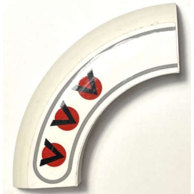 white brick round corner 5 x 5 x 1 without studs with 3 black chevrons v-shapes on red circles and dark bluish gray border pattern model right side sticker - set 75327