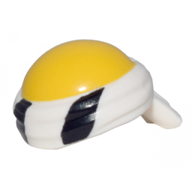 white minifigure headgear bald head with yellow top and tied bandana with black stripes pattern