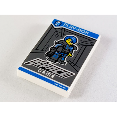 white tile 2 x 3 with play-box space game and collectible minifigures series 16 cyborg pattern