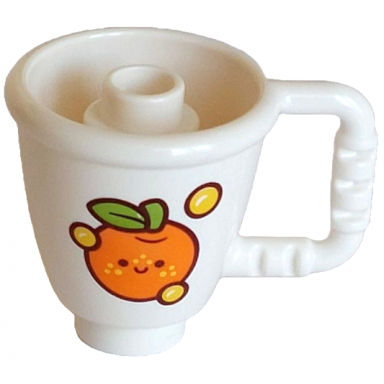 white duplo utensil cup with stud inside with orange with face lime leave yellow freckles and dots pattern