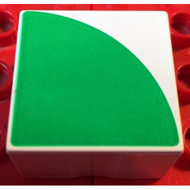 white duplo tile 2 x 2 x 1 with shape green quarter circle pattern