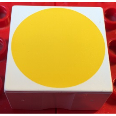 white duplo tile 2 x 2 x 1 with shape yellow circle pattern
