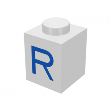 white brick 1 x 1 with blue capital letter r pattern