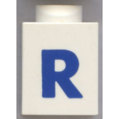 white brick 1 x 1 with blue capital letter r pattern bold font