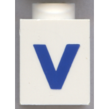 white brick 1 x 1 with blue capital letter v pattern bold font