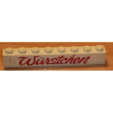 white brick 1 x 8 with red würstchen script pattern wurstchen