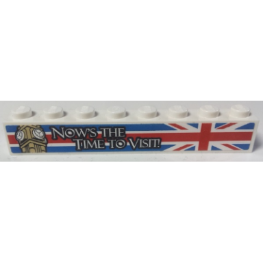 white brick 1 x 8 with white nows the time to visit on united kingdom flag union jack pattern sticker - set 40220