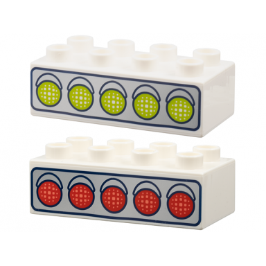 white duplo brick 2 x 4 with 5 race start lights on silver background lime lights red lights pattern