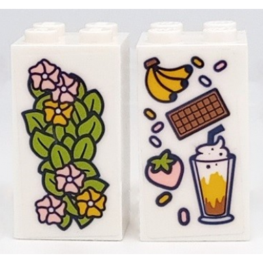 white brick 2 x 2 x 3 with bright pink and yellow flowers and lime leaves bananas chocolate bar strawberry and milkshake pattern on both sides stickers - set 41426