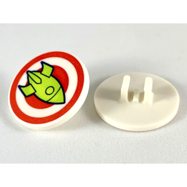 white road sign 2 x 2 round with clip with red bullseye and lime rocket pattern