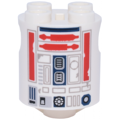 white brick round 2 x 2 x 2 robot body with bottom axle holder x shape orientation with sw astromech droid light bluish gray rectangles red utility arms dark blue center panel pattern