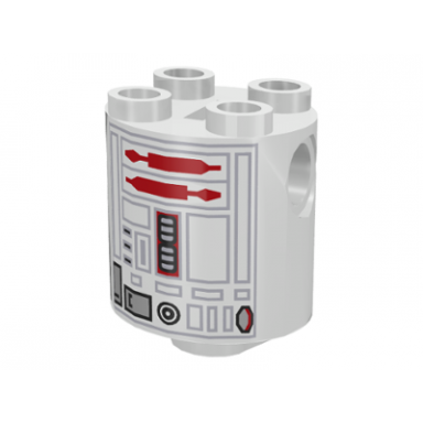 white brick round 2 x 2 x 2 robot body with gray lines and red pattern r5-d4