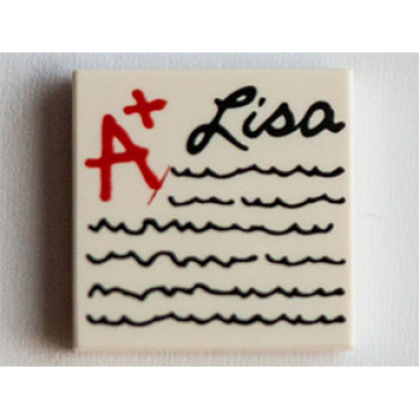 white tile 2 x 2 with red a black script lisa and scribbles pattern