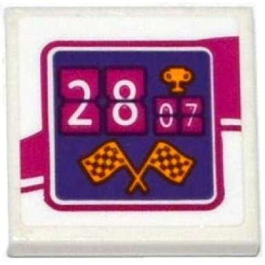 white tile 2 x 2 with 2807 28:07 trophy and checkered flags pattern sticker - set 41122