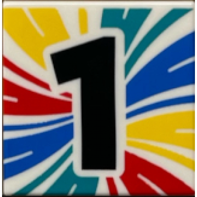white tile 2 x 2 with blue yellow red and dark turquoise swirls and black number 1 pattern