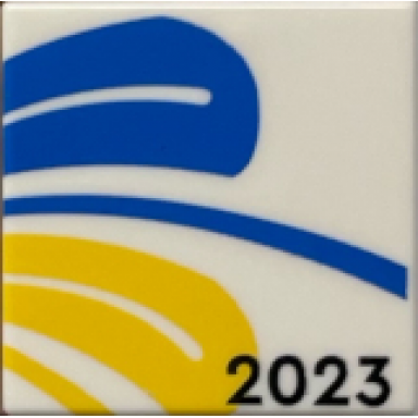 white tile 2 x 2 with blue and yellow swirls and black 2023 pattern