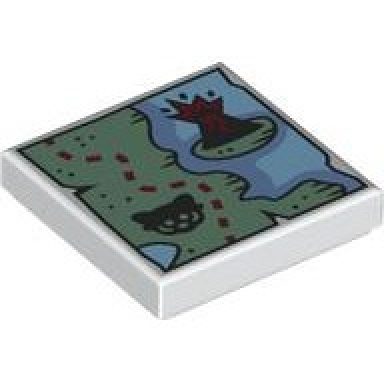white tile 2 x 2 with map of coastline with sand green land erupting volcano on island black red panda head and dark red dotted line pattern