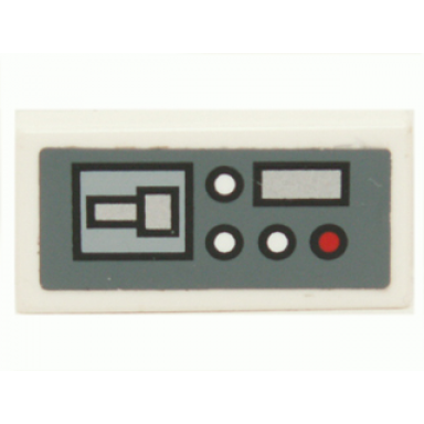 white tile 1 x 2 with control panel with red and white buttons on dark bluish gray background pattern model left side sticker - set 7661