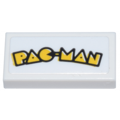 white tile 1 x 2 with yellow pac-man logo with black outline pattern sticker - set 10323