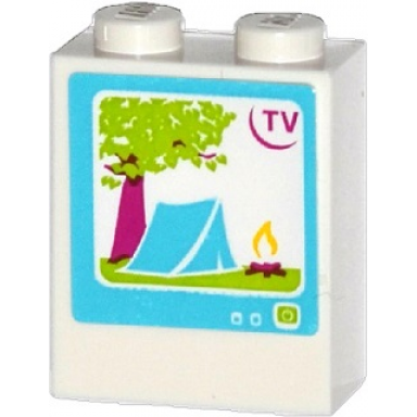 white brick 1 x 2 x 2 with inside stud holder with tv tree tent and campfire on screen pattern sticker - set 41034