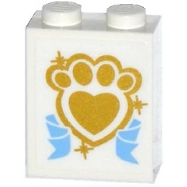 white brick 1 x 2 x 2 with inside stud holder with gold paw print with heart and medium blue ribbon pattern sticker - set 41142