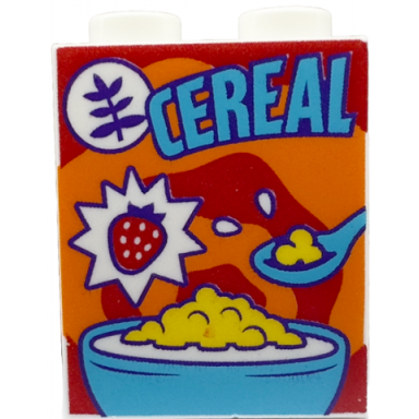 white brick 1 x 2 x 2 with inside stud holder with medium azure cereal spoon and bowl strawberry on orange and red swirl background pattern