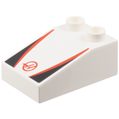 white duplo brick 3 x 2 slope 33 with haas formula 1 logo stylized capital letter h in circle red stripes black triangles pattern