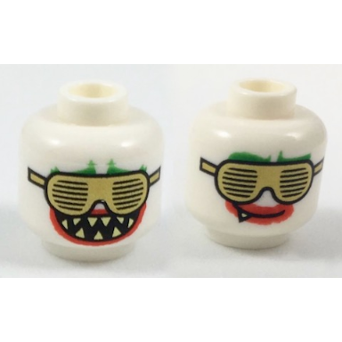 white minifigure head dual sided green eyebrows gold grille glasses red lips open mouth with sharp teeth closed mouth with fang pattern