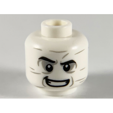 white minifigure head black eyebrows light bluish gray wrinkles and eye shadow lopsided grin pattern