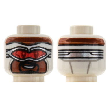 white minifigure head balaclava reddish brown face silver goggles with red lenses smile with teeth black goatee pattern