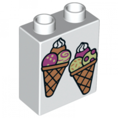 white duplo brick 1 x 2 x 2 with 2 ice cream cones pattern