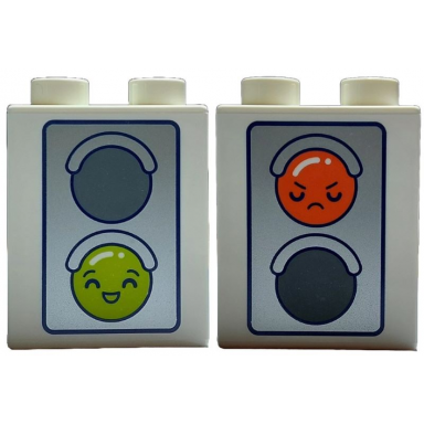 white duplo brick 1 x 2 x 2 with dark blue and silver traffic light with dark bluish gray circle and lime smiley smile reddish orange smiley sad pattern