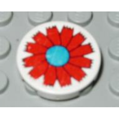 white tile round 2 x 2 with scala red flower and blue center pattern