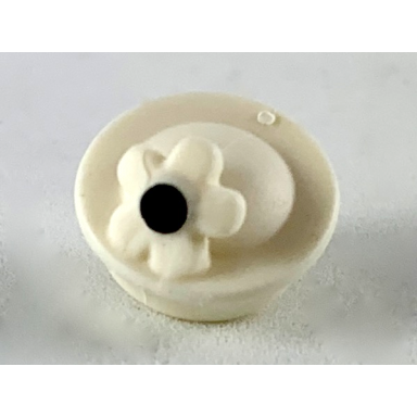 white minifigure hat with small pin pillbox hat with flower with black center pattern