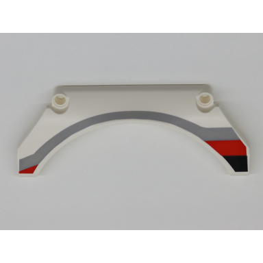 white technic panel car mudguard arched 13 x 2 x 5 straight top with black red and gray stripes pattern model front right side