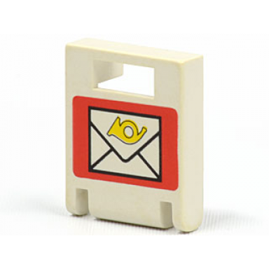 white container box 2 x 2 x 2 door with slot with white envelope with yellow horn on red background pattern