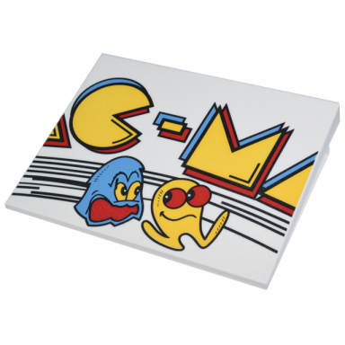 white slope 10 6 x 8 with pac-man sign center piece yellow medium blue and red c-m ghost and black lines pattern