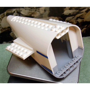 white aircraft fuselage aft section curved with fixed light bluish gray base and white hard rubber tip with dark bluish gray and blue stripes pattern on both sides