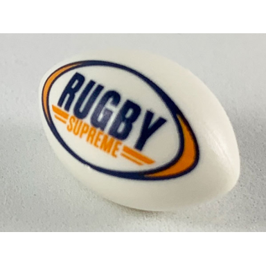 white sports football rugby ball with dark blue and orange rugby supreme pattern